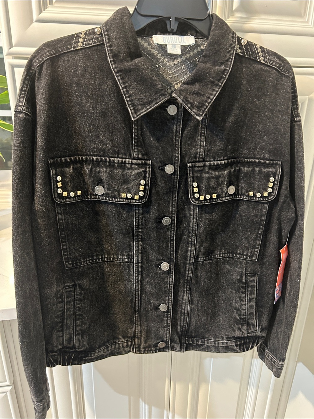 Stud-Trim Washed Black Denim Jacket